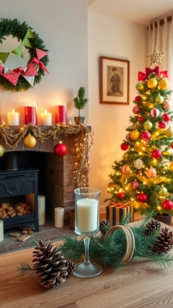 A festive living room with DIY Christmas decorations, including paper ornaments, candle holders, and natural elements.